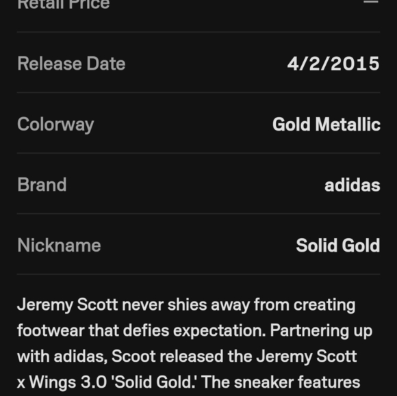 JEREMY SCOTT ADIDAS GOLD WINGS MENS SZ 5 / LADIES 7 - Picture 16 of 16